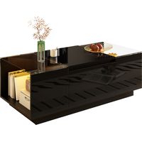 Une table de salon moderne et minimaliste, mesurant 105 cm. Elle dispose d’un espace de rangement, d’une lumière LED pour personnaliser l’ambiance, d’une surface en verre, ainsi que de 2 tiroirs.