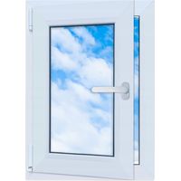 Ventana de PVC blanca de 50x70 mm a la izquierda, nueva ventana oscilobatiente de 500x700 mm con doble acristalamiento.