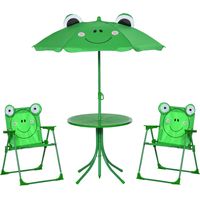 Outsunny Set de Mesa y Sillas Infantil de Jardín Conjunto de Picnic Plegable para Niños Juego de Mesa con Sombrilla Ajustable en Altura de 100-125 cm Diseño de Rana Verde