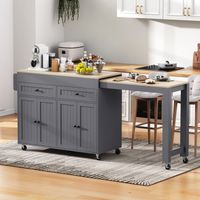 Îlot de cuisine sur roulettes, îlot de cuisine extensible avec plan de travail et tiroirs, îlot de cuisine mobile et autoportant, idéal pour la cuisine et la salle à manger (gris + naturel)