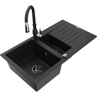 Mexen Matias fregadero de granito de 1,5 senos con escurridor y grifo de cocina Savita, negro - 6502-77-672601-70-B