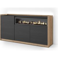 Skraut Home - Aparador para salón, Gran capacidad de almacenaje, 156x37x80cm, 3 Puertas, Chimenea eléctrica, LED, Estilo Moderno, Negro y roble