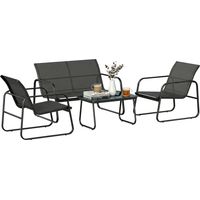 Conjunto Jardín Exterior de 4 Piezas con Sofá de 2 Plazas 2 Sillones Mesa de Vidrio Templado Tela Textilene Gris Oscuro