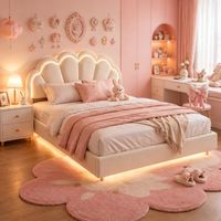 Lit Rembourré 140x200 cm,Lit de Fille avec tête de LED réglable et sommier à Lattes, Lit Flottant Design Forme Couronne,Velours Beige