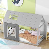 Cama infantil 206/95/150 cm gris de pino y MDF con diseño de casita y ventana