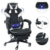 Puluomis – Chaise gaming ergonomique avec massage – Dossier réglable 90°-150° – Repose-pieds intégré – Cuir synthétique blanc – Charge max 150kg