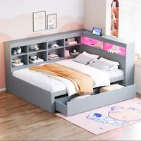 Letto 140x200 cm - Letto divano in legno massello - Multifunzionale con contenitore, cassetti, USB e LED - Grigio