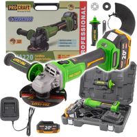 Procraft PWA220 Meuleuse d'angle sans fil 20 V 125 mm Brushless + 1x batterie 4,0 Ah + chargeur + coffret