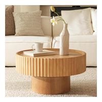 Table basse ronde en bois de pin, forme champignon avec rainures, ø70×38 cm, couleur naturelle, pour salon, chambre et balcon