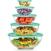 Lot de 5 saladiers empilables en verre avec couvercle, 3,3 l, 2 l, 1 l, 0,47 l, 0,19 l, sans BPA, passent au lave-vaisselle et au micro-ondes (sans couvercle), pour salade, fruits (vert)
