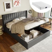 Cama con almacenamiento, cama tapizada, cama doble hidráulica de 160x200cm, base de listones de madera, cama con base de listones metálicos, lino, gris (con colchón)