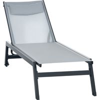Bain de soleil gris clair en aluminium et textilène à dossier réglable, avec roulettes et appui-tête