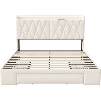 Cama doble 160 x 200 cm, cama para adultos con cajones, somier de láminas y cabecero, cama tapizada en terciopelo, beige