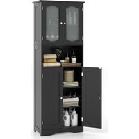 Armadio da bagno alto 164cm con porte in vetro satinato e ripiani, Mobile autonomo per cucina soggiorno ufficio Nero