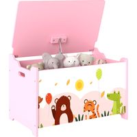 Baule Portagiochi per Bambini con Cerniere di Sicurezza in Legno con Disegni di Animali, 60x37x39 cm, Rosa