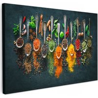 TABLEAU SUR TOILE Herbes - Épices - Cuillères Toile Peinture Grand Format XXL 150x100 cm