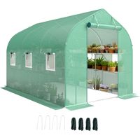 Serre tunnel de jardin - Outsunny - porte enroulable et 6 fenêtres - étagères intégrées - bâche PE - 198x293x194cm - vert