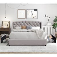 iris - Cama sólida y cómoda de 140x200 con somier con 4 cajones + cabecero de color GRIS + patas de 4 cm - 2 x 13 lamas - revestimiento de PVC simil de fácil mantenimiento - montaje rápido y fácil