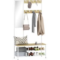 Porte-manteau avec miroir, 3 étagères, banc, 10 crochets réglables, style moderne pour entrée, 98 x 34 x 186 cm, naturel