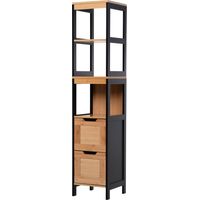 Meuble Colonne Rangement Salle de Bain Style Cosy dim. 30L x 30l x 144H cm 3 étagères 2 tiroirs Bambou Noir