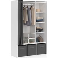 Garderobenschrank DIANE 105 x 50 x 172 cm weiß mit Regalen + Aufbewahrungsboxen + grauer Vorhang