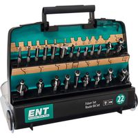 ENT 09022 Set di 22 Frese per Legno in Metallo Duro con Valigetta di Plastica Resistente - Fresa per Legno con Codolo da 8 mm - Taglienti in Metallo Duro - Adatte per Fresa Verticale