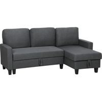 Divano Letto 3 Posti con Chaise e Spazio Contenitore, in Tessuto Effetto Lino, 197x129x85 cm, Grigio Carbone