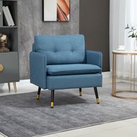 Fauteuil scandinave dossier capitonné avec passepoil en tissu 72 x 70 x 80 cm bleu et pieds en métal noir et doré