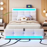 Cama tapizada de tela beige 90x200 cm con LED RGB, USB y cabecero ajustable