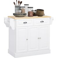 Carro de Cocina con Ruedas Isla de Cocina con 2 Cajones Especiero y Barra para Colgar 110x45x91 cm Blanco