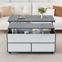 1009865cm Couchtisch Höhenverstellbarer Kaffeetisch mit Verstecktem Stauraum und Ablage, Wohnzimmertisch mit Rollen und Schubladen, multifunktionaler Esstisch mit großem Stauraum, grau-weiße Spleiße