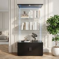 Vitrine en verre avec éclairage LED, 3 étagères et placard de rangement, Dimensions 78.5x35x164 cm, pour salon, chambre ou bureau, meuble multifonctionnel