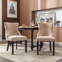 Lot de 2 Chaises de Salle à Manger en Velours Beige, Dossier Capitonné, Pieds Bois Massif