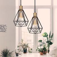 Lámpara Colgante 2 Piezas, Vintage Lámparas de Techo Ø20cm Diseño de Jaula de Diamante, Industriale Luminaria de Techo con Base de Bronce E27 para Dormitorio Salon Cocina Comedor (Negro)