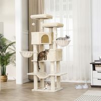 Arbre à Chat, Tour de Jeux Chats avec 5 Poteaux en Sisal, 2 Grandes Plate-Formes, 2 Niches, 2 Paniers, Hamac, Centre d’Activités Multiniveau en Peluche, Beige
