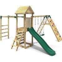 Rebo Wooden Climbing Frame with Swings, Slide, Up & over Climbing wall and Monkey Bars for Kids - Dolomite