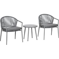 Gartenmöbel-Set, 2 Stühle & 1 Tisch mit Glasplatte, Rattanoptik, wetterfest, Metallrahmen, Grau