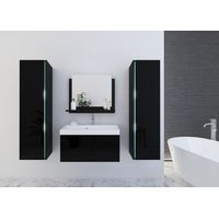Badezimmermöbelset in Schwarz, Kollektion BIRD. 2 Säulen, Unterschrank, Waschbecken 80cm, Spiegel, Siphon und LEDs.