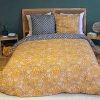 Parure de lit - Housse de Couette - 220x240 cm - 100% Coton - Imprimé Floral Jaune, Bleu - Réversible