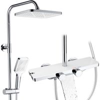 Columna de ducha termostática con estante integrado, altura regulable 1000–1240 mm, chorro cascada, ducha de mano 3 funciones, latón