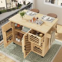Desserte de cuisine avec 5 roulettes, 2 portes, 3 tiroirs, plateau de table pliable, porte-serviettes, porte-épices, motif à damier, naturel