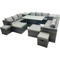 Fimous Rattan Dining Table Sofa Set with 2 Side Tables 4 Stools Outdoor 13 Seat Garden Furniture Set Dark Grey Mixed