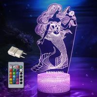 Lampe de chevet princesse sirène, cadeau Noël enfant, avec télécommande et fonction tactile pour changer de couleur, décoration chambre fille