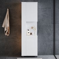 ELEGANT Tall Bathroom Storage Units with LED Light 5 Shelves 2 Doors and Open Storage Compartments Bathroom Cabinet, White 1380×400×300mm