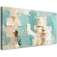 Cuadro sobre Lienzo, Retrato abstracto de una mujer en colores beige y turquesa, 80x40