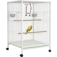 Jaula para Pájaros con Ruedas con Comederos Perchas Columpio y Bandeja Extraíble 48x46x78 cm Blanco