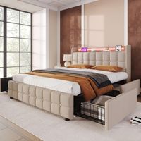 Lit 180 x 200 cm avec sommier,lit 2 personnes avec LED et USB,lit double rembourré avec tiroirs,lit 180x200 avec rangement, sommier à lattes en bois,lit pour adulte et adolescent en lin beige