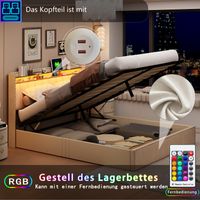 JOOKGBD-Polsterbett 140x200 cm,Doppelbett mit hydraulischem Bettkasten, Kopfteil mit LED-Beleuchtung und USB/Type-C-Anschlüssen,Lattenrost,für Erwachsene und Jugendliche,Velours,Beige