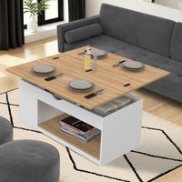 Mesa de centro rectangular con tablero elevable, convertible en mesa de comedor ELEA, 100 cm, madera blanca y chapado de haya
