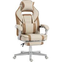 Fauteuil gaming crème inclinable, hauteur réglable, repose-pieds rétractable, soutien lombaire et appui-tête confortable
